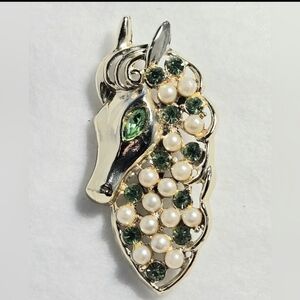 Vintage Coro Green Eye Rhinestone Faux Pearl Horse Head Brooch